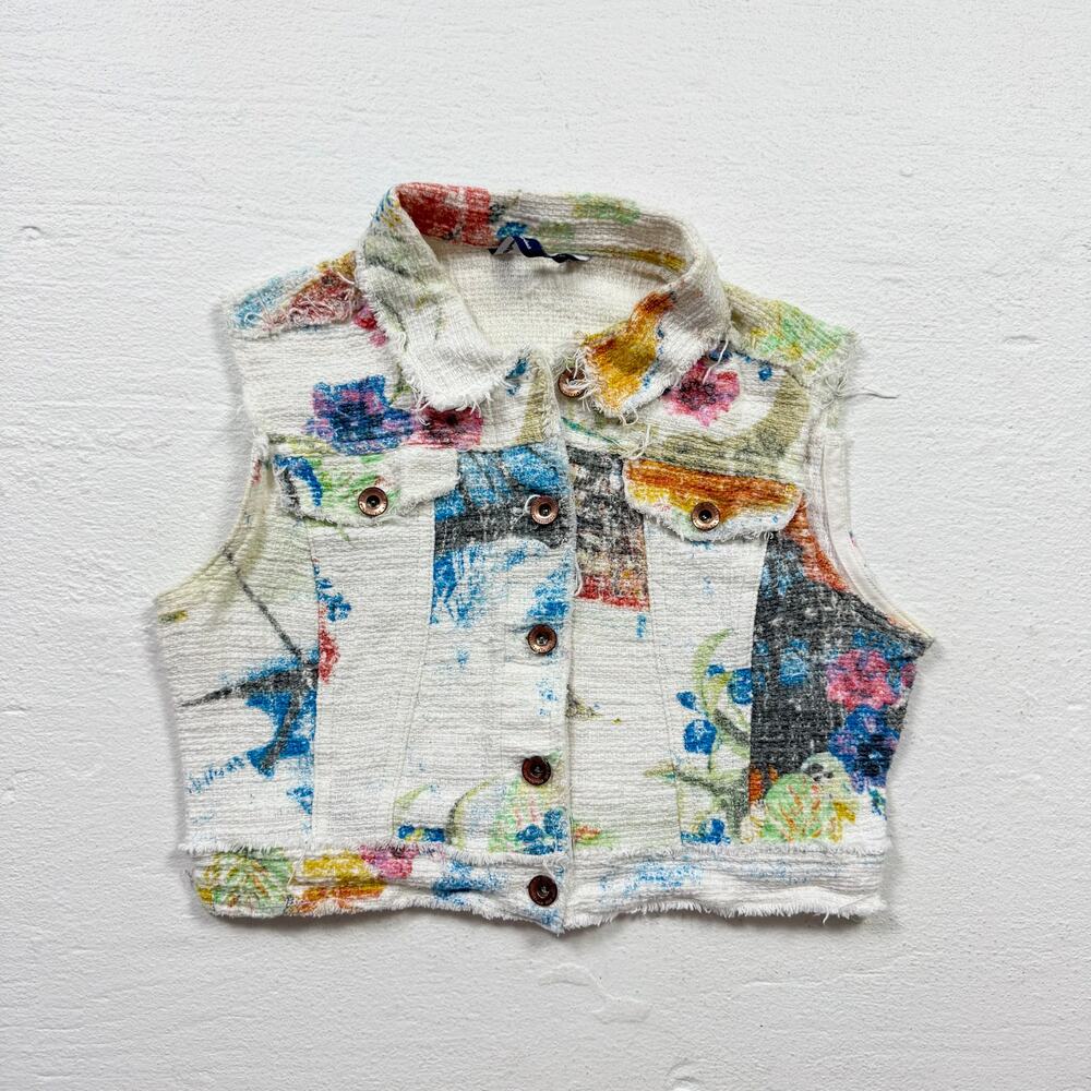 Stradivarius Abstract Floral Crop Vest Colorful Frayed, Fits Small